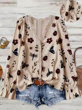 NWT Vintage Style Insect Print Blouse Ruffle Sleeve Beige Boho Top Size 14 & 18